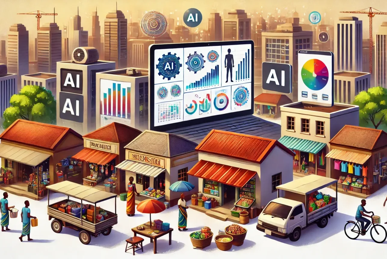 DALL·E 2025-01-28 12.56.14 - An illustration showcasing the impact of AI and data analytics on small businesses in Nigeria. The image features a vibrant Nigerian small business sc